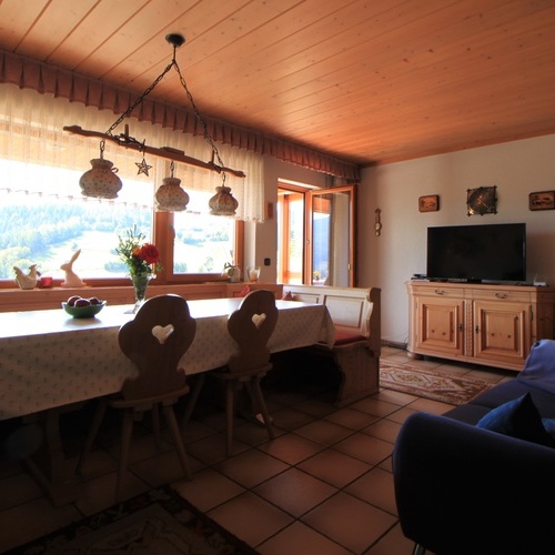 Wohnzimmer mit gro&szlig;em Esstisch, Couch, TV  und beheizbarer Ofenbank  - 