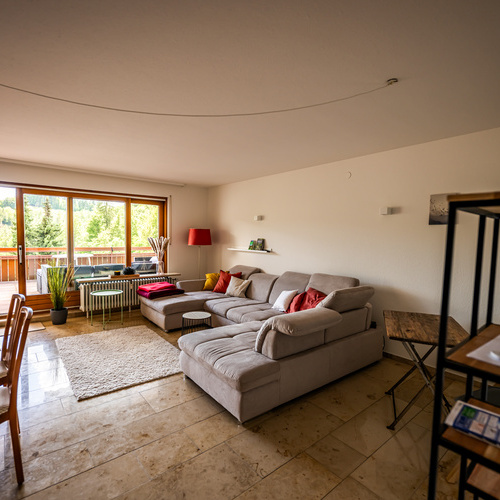 Wohnzimmer mit Sofaecke und Zugang zur Terrasse - 